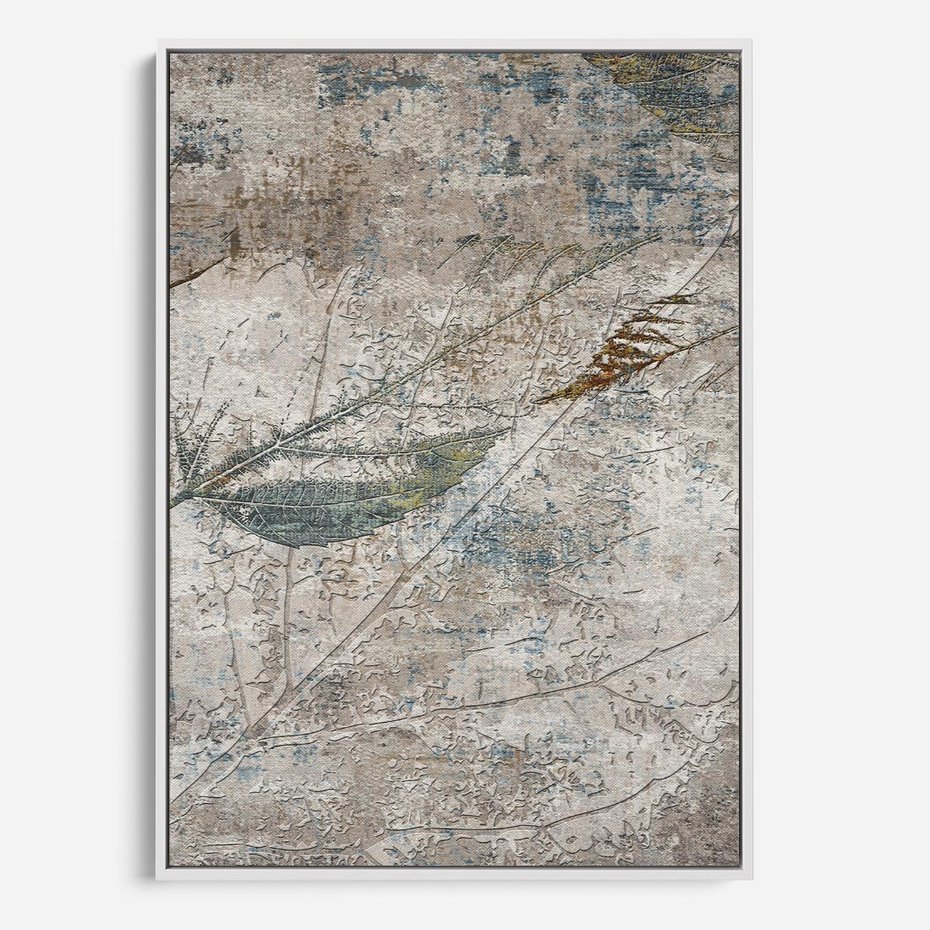 Obraz w ramie 50x70 - Betonowe Wspomnienia Liści - odciski w betonie, odbitki - rama biała