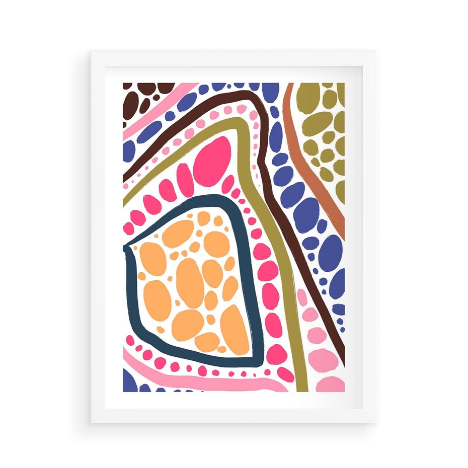 Plakat w ramie 50x70 - Migocące Tęczowe Widzenia - kolorowe wzory, tęczowe żywe kolory - rama biała