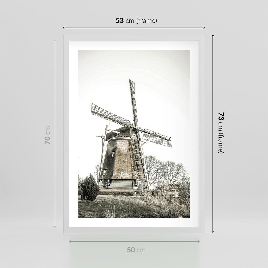 Plakat w ramie 50x70 - Wiejska Idylla z Młynem - wiatrak, młyn - rama biała