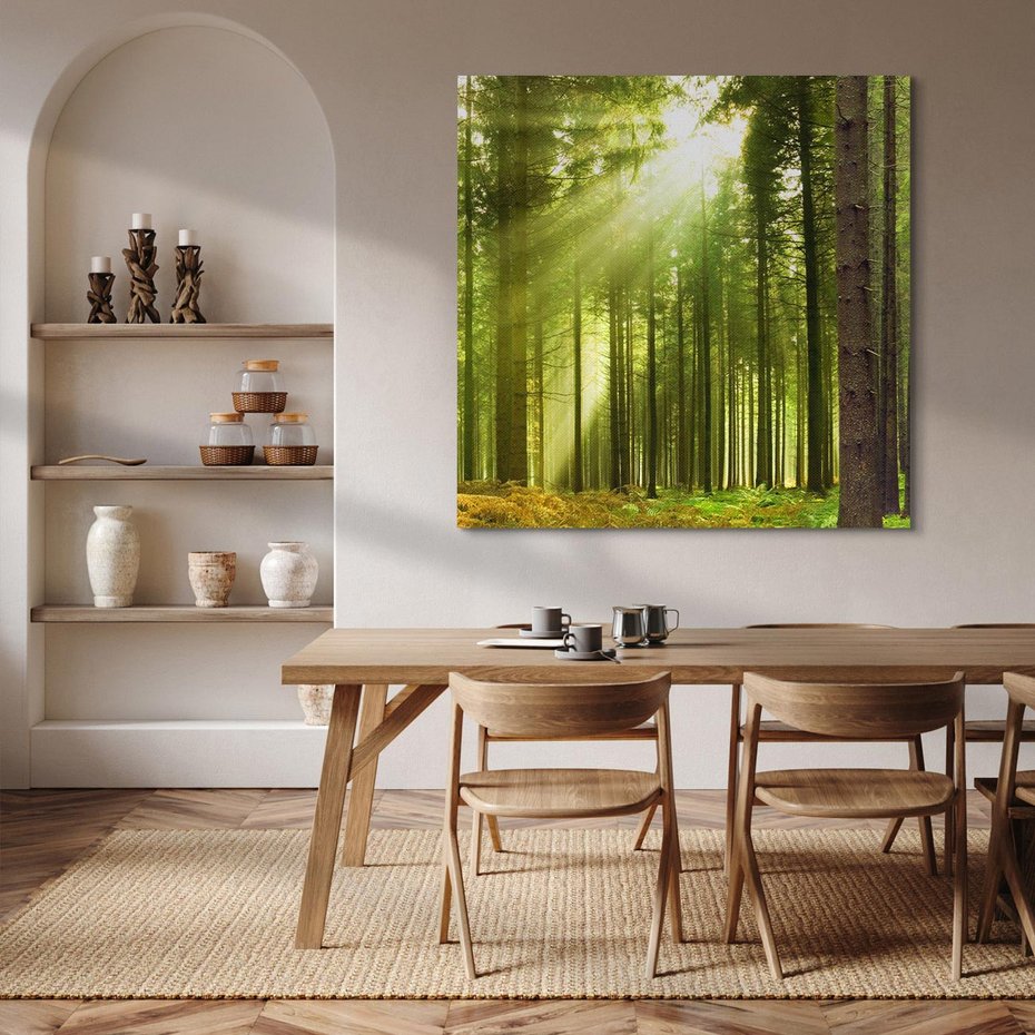 Obraz na płótnie 40x40 - Spokój wśród drzew: las w odcieniach zieleni - las, drzewa