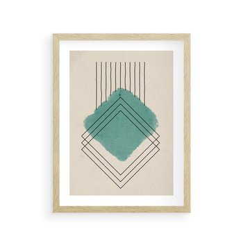 Plakat w ramie 30x40 - Impresje Przestrzeni - akwarelowa plama, geometryczne szkicowane kształty - rama drewno