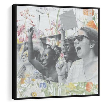 Obraz w ramie 50x50 - Księga zaklętych marzeń - kolaż, czarnobiałe zdjęcie wesołych młodych ludzi - rama czarna