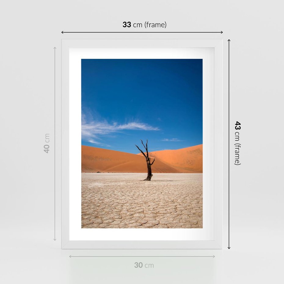 Plakat w ramie 30x40 - Słońce i Suche Drzewo - pustynia, suche - rama biała