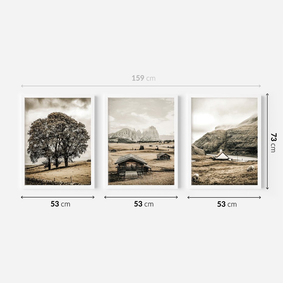 Zestaw obrazy w ramie 50x70 galeria - Górski, krajobraz, sepia - rama biała