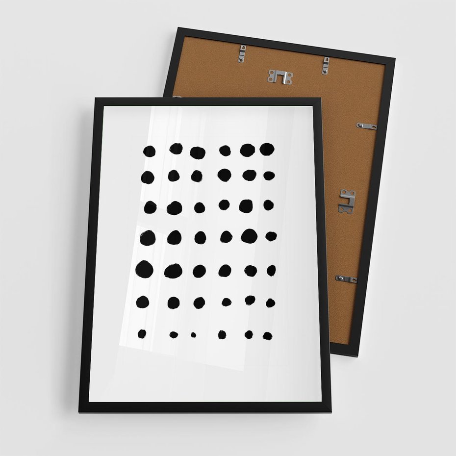 Plakat w ramie 50x70 - Refleksje Światła - minimalistyczna kompozycja, czarne kropkina białym tle - rama czarna