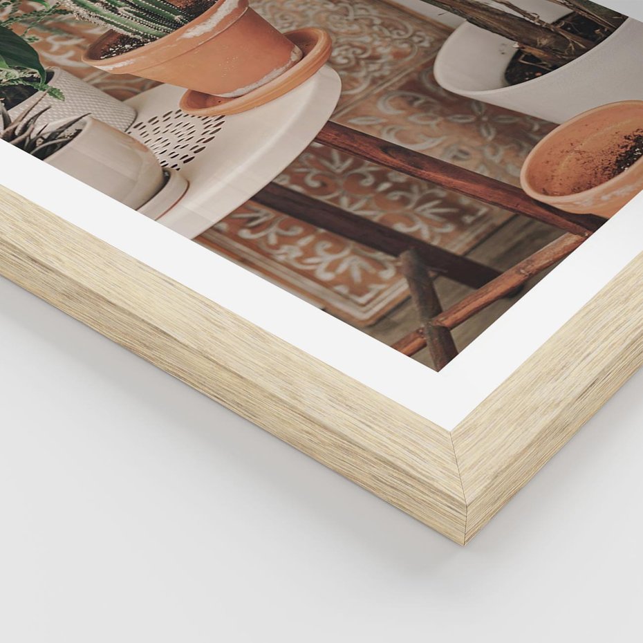 Plakat w ramie 30x40 - Boho Oaza: Kaktusy w Doniczkach - rośliny kaktusy w doniczkach, boho wnętrze - rama drewno