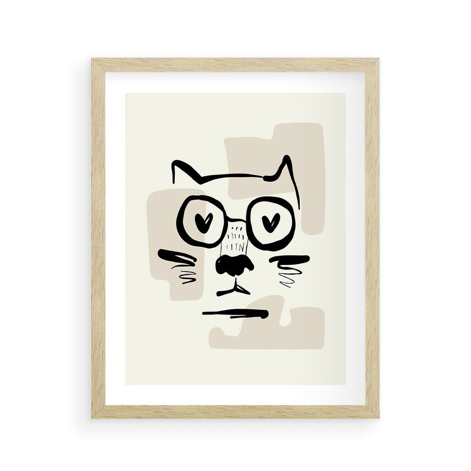 Plakat w ramie 40x50 - Minimalistyczny Kot: Czarna Kreska - kot, grafika - rama drewno