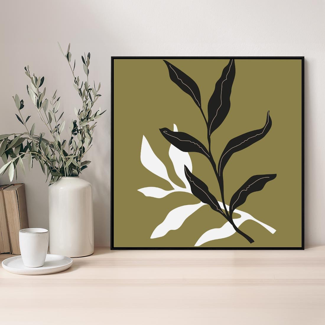 Obraz w ramie 50x50 - Wewnętrzne Odsłony - liście, gałązki - rama czarna