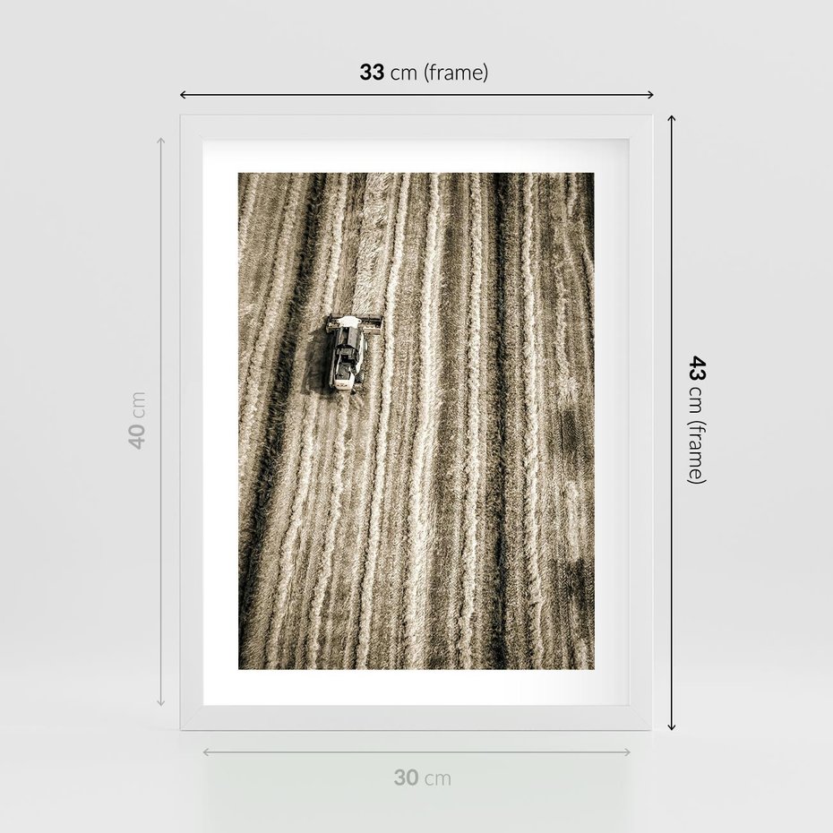 Plakat w ramie 30x40 - Sepia na Polu - kombajn, pole - rama biała