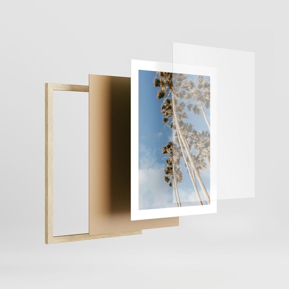 Plakat w ramie 30x40 - Pod Niebem Palmy - palmy na niebieskim niebie - rama drewno