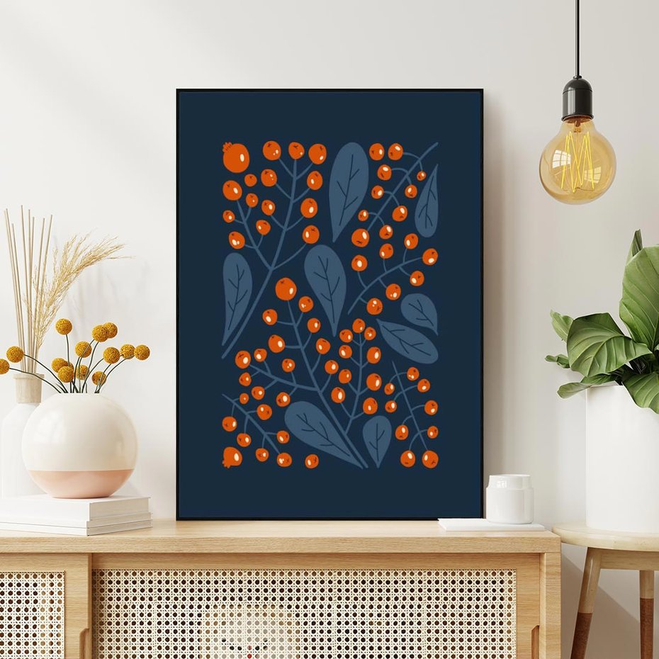 Obraz w ramie 70x100 - Symfonia liści i owoców - granatowe tło, pomarańczowe owoce jarzębiny - rama czarna