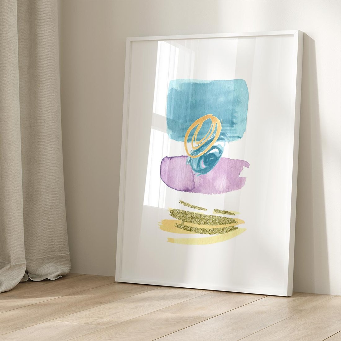 Plakat w ramie 30x40 - Taniec Akwarelowych Kresek - akwarelowe plamy w odcieniach błękitu, złote kreski - rama biała