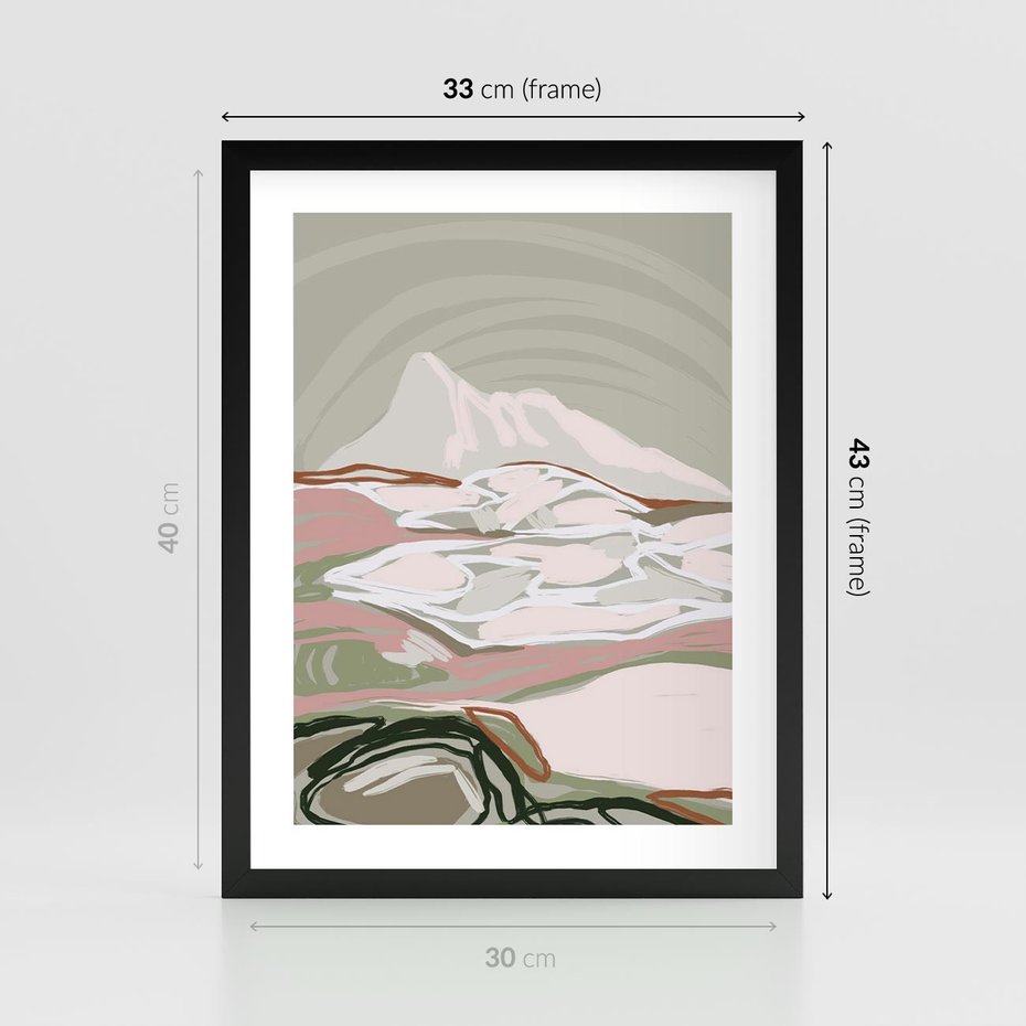 Plakat w ramie 30x40 - Szarawe Wzgórza - pastelowy krajobraz, nowoczesny plakat - rama czarna