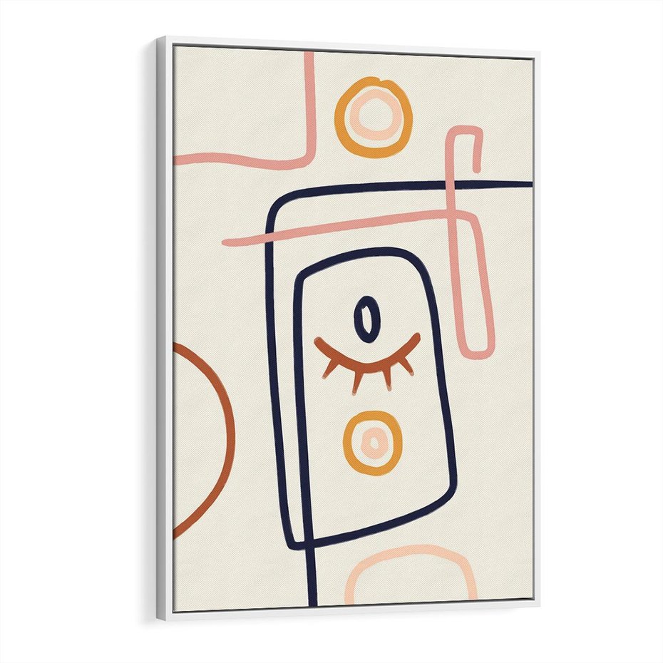Obraz w ramie 80x120 - Manifestacje Dziwności - abstrakcja w stylu picasso, beżowe tło - rama biała