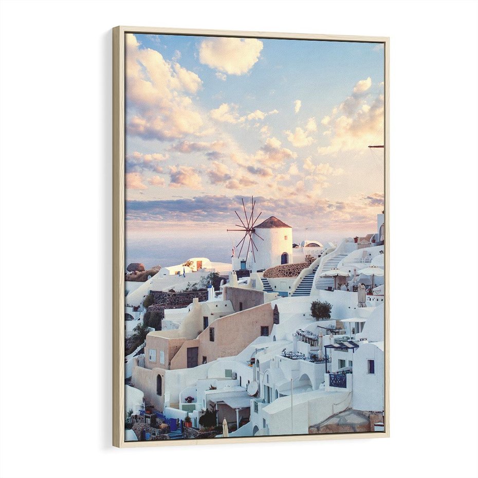 Obraz w ramie 70x100 - Biel ponad Błękitem - Santorini, białe budynki - rama drewno