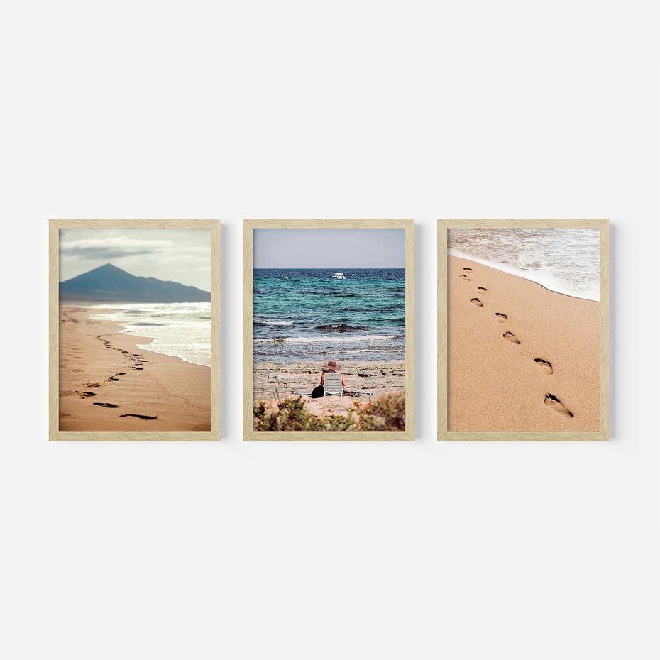 Zestaw obrazy w ramie 40x50 galeria - Plaża, zachód, słońca, ślady - rama drewno