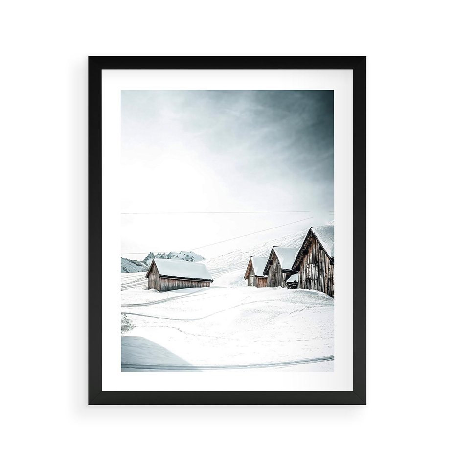 Plakat w ramie 40x50 - Zima w Domkach: Urok Śnieżnej Scenerii - domki w śnieżnym krajobrazie - rama czarna