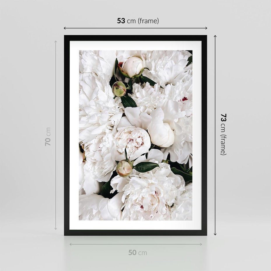Plakat w ramie 50x70 - Modne Białe Kwiaty - białe kwiaty, płatki - rama czarna