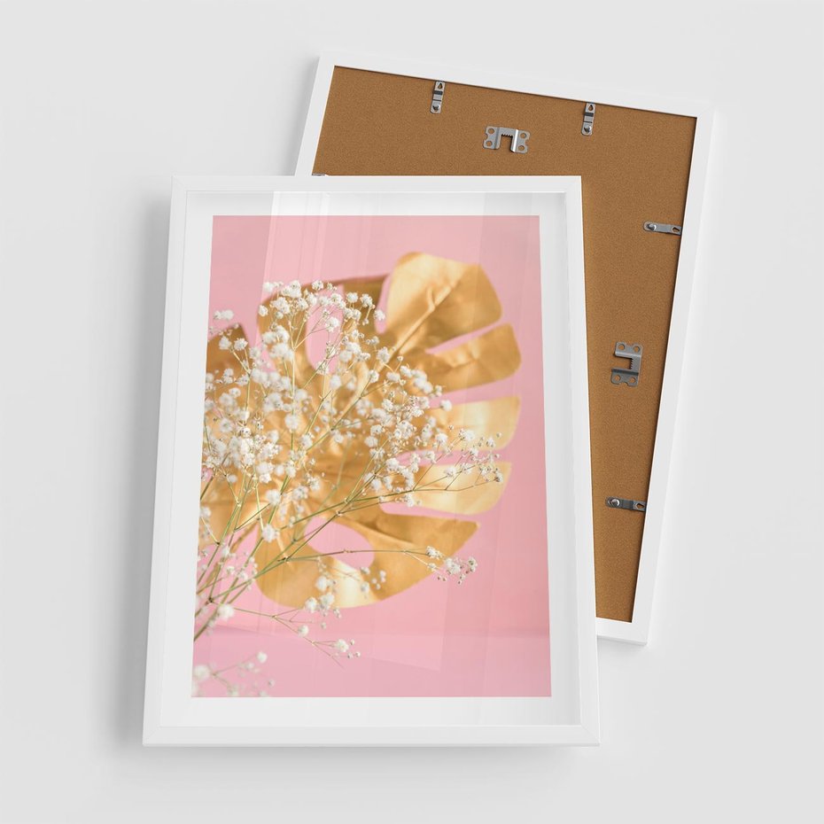 Plakat w ramie 50x70 - : Elegancja w Złocie - złote, liście - rama biała