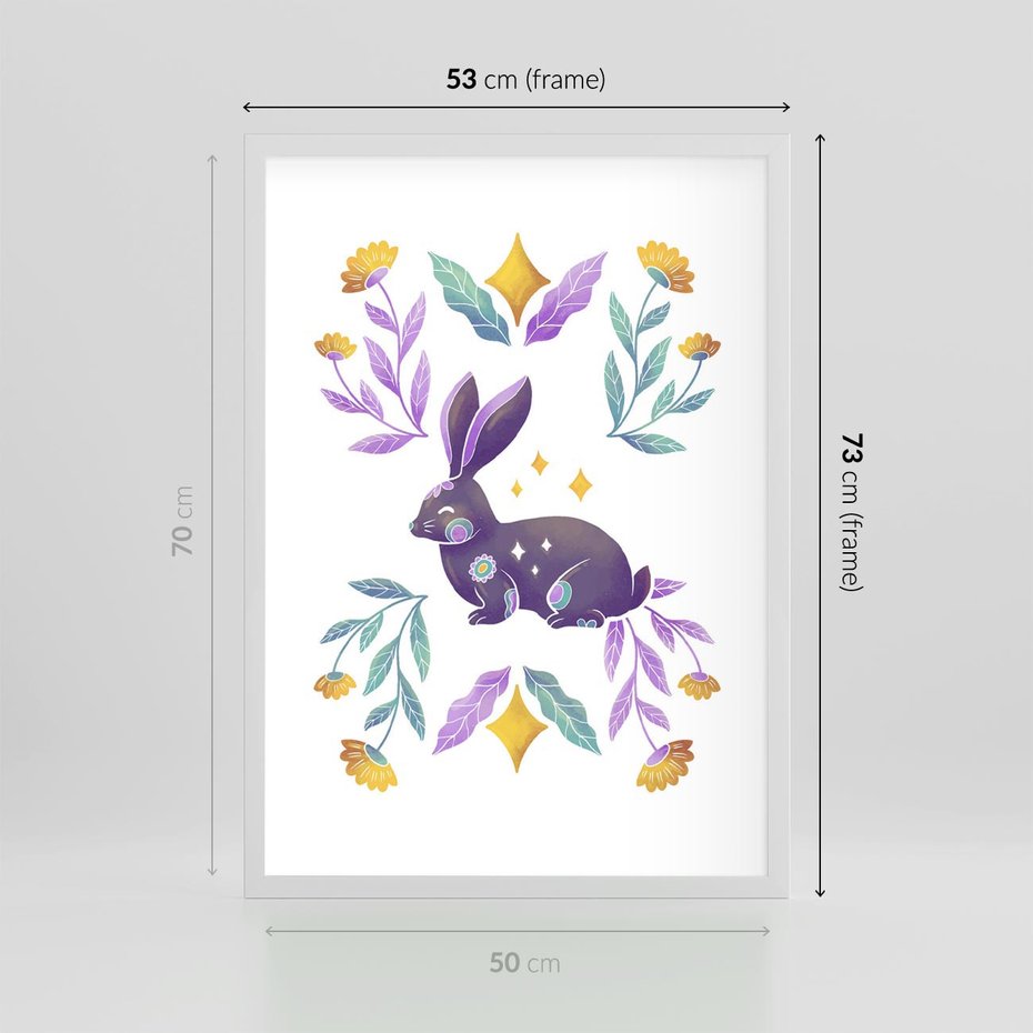 Plakat w ramie 50x70 - Boho Wiatr - boho plakat, królik - rama biała