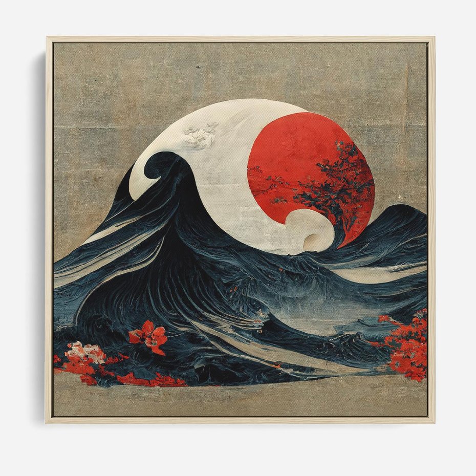Obraz w ramie 50x50 - Requiem dla marzeń - sztuka japońska, fale oceanu - rama drewno