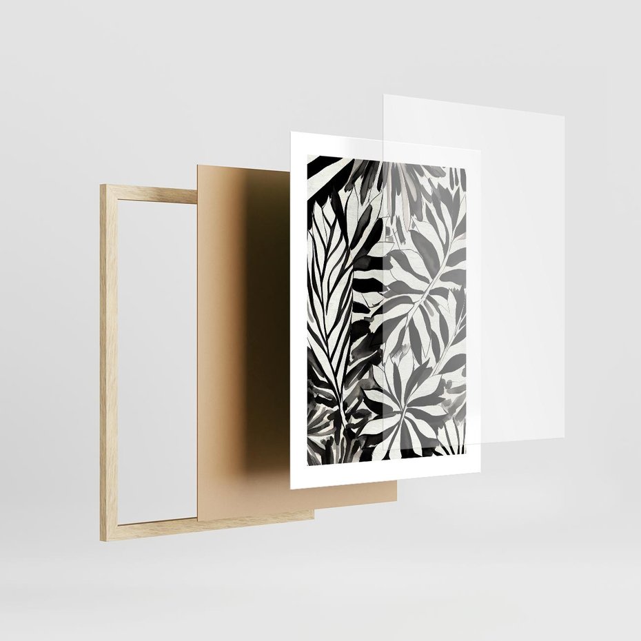 Plakat w ramie 30x40 - Czarne Liście - akwarelowy obraz, czarno biały - rama drewno