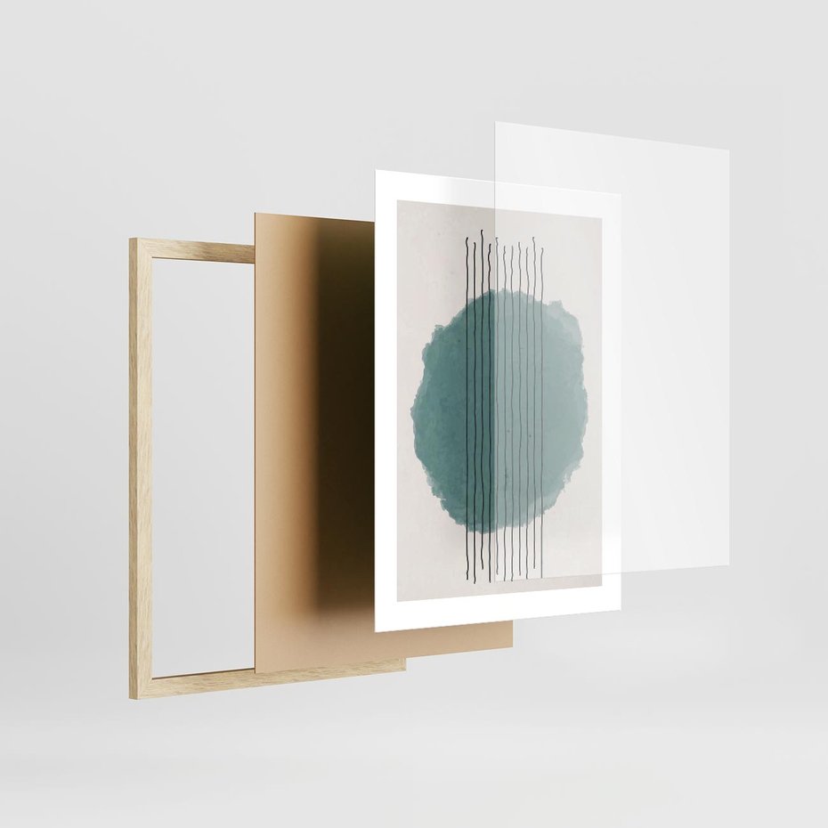 Plakat w ramie 30x40 - Podróżne Inspiracje - abstrakcyjna akwarelowa plama, nieregularne kreski - rama drewno