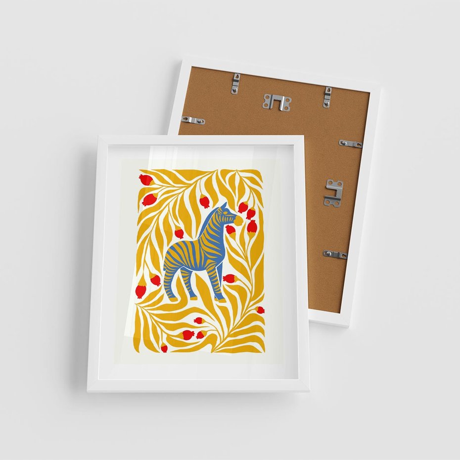 Plakat w ramie 40x50 - Zebra w Nowoczesności - abstrakcyjna nowoczesna grafika, pośrodku zebra - rama biała