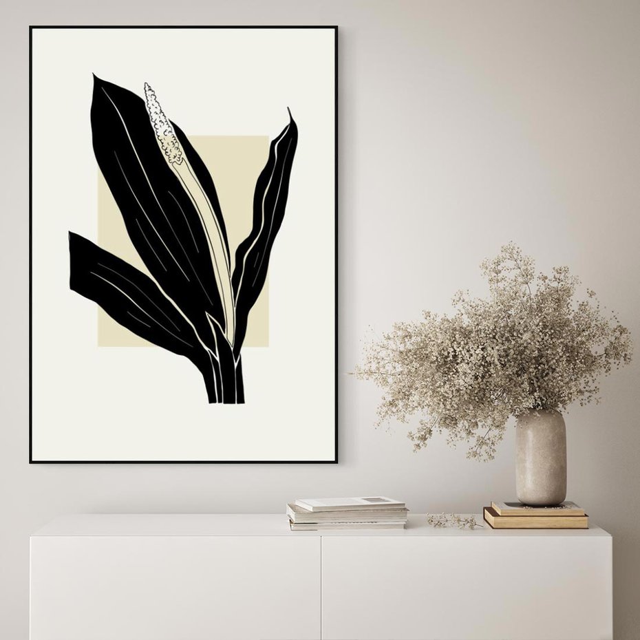 Obraz w ramie 50x70 - Harmonia liści - minimalistyczny obraz, szkic - rama czarna