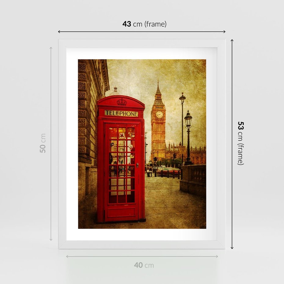 Plakat w ramie 40x50 - Ikoniczna budka telefoniczna w Londynie - sepia, budka - rama biała