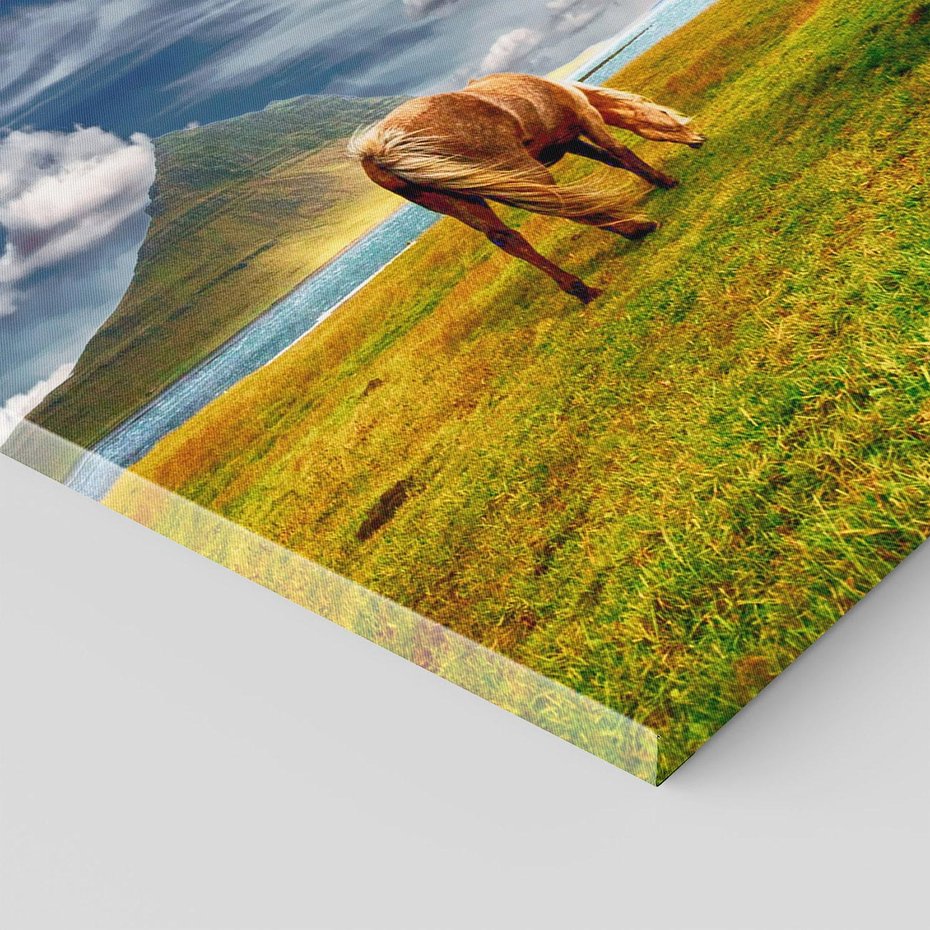 Obraz na płótnie 100x70 - Konie na łące przy jeziorze: Siła natury - konie, łąka