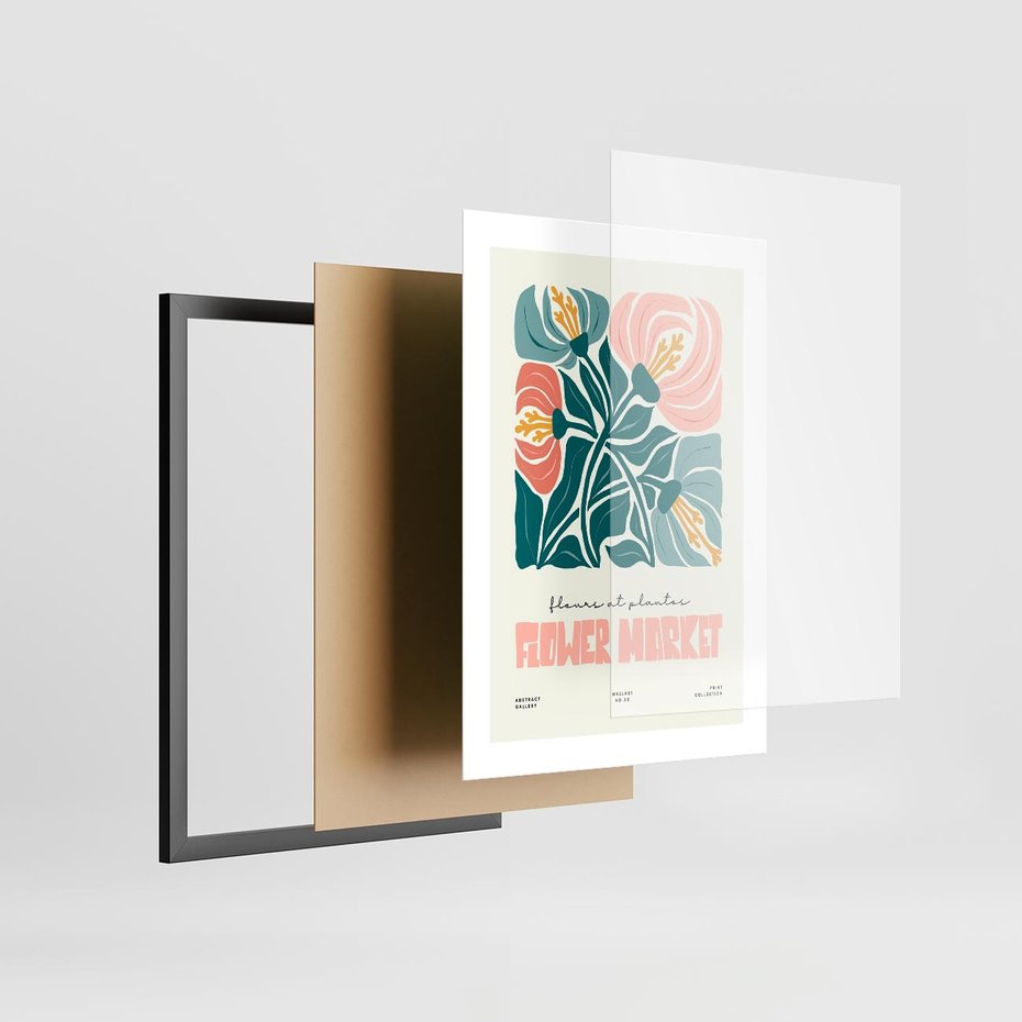 Plakat w ramie 30x40 - Taniec Kształtów - kwiaty, abstrakcyjna kompozycja - rama czarna