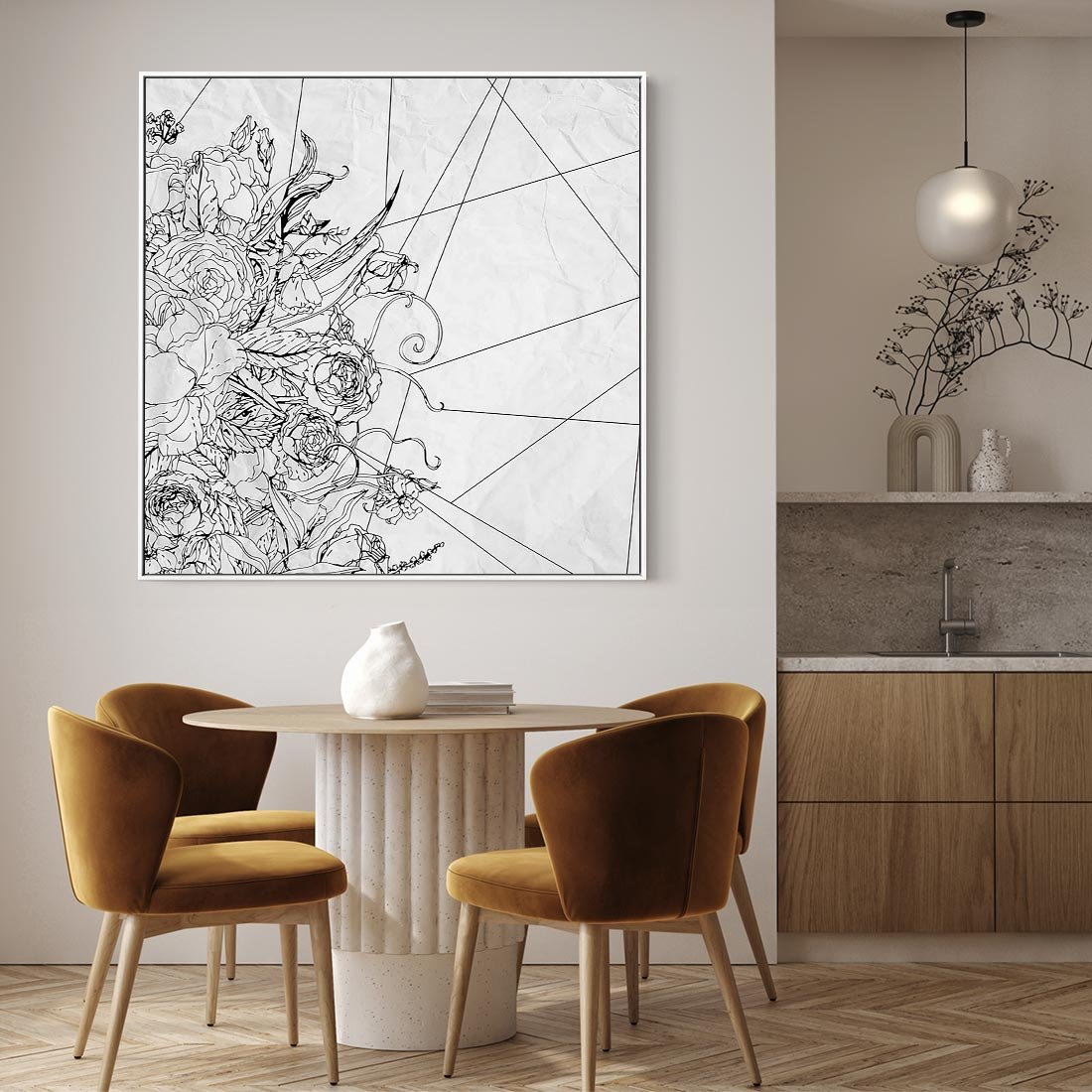 Obraz w ramie 50x50 - Refleksje w martwym punkcie - graficzny szkic, kompozycja kwiatów - rama biała