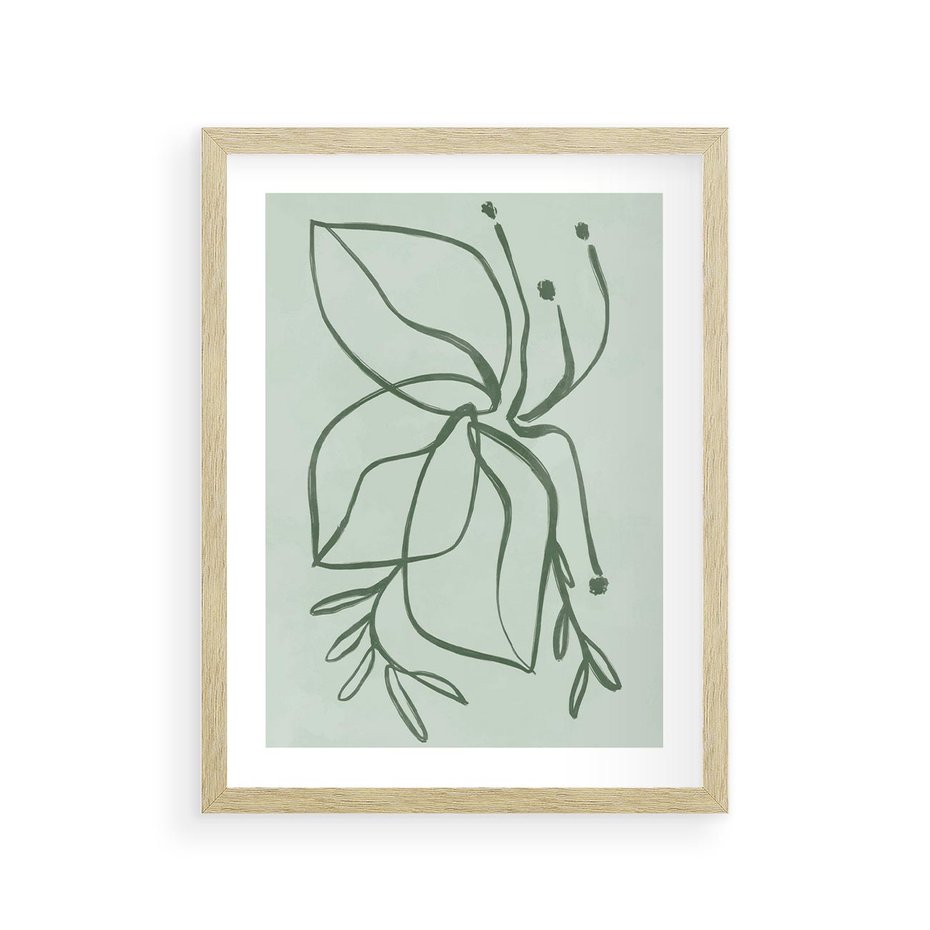 Plakat w ramie 30x40 - Energetyczne Odrodzenie Natury - abstrakcyjne delikatne zielone linie, podobne do gałęzi kwiatów - rama drewno