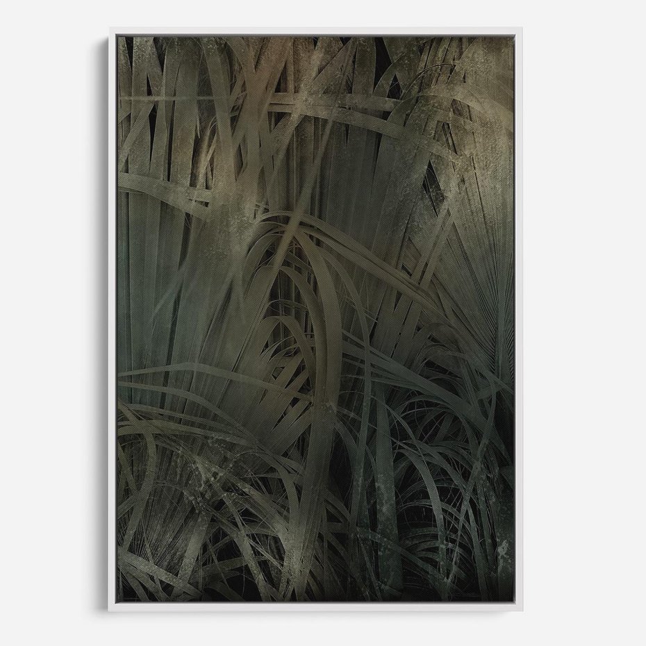Obraz w ramie 80x120 - Światło w mroku duszy - liście traw, mroczny klimat - rama biała