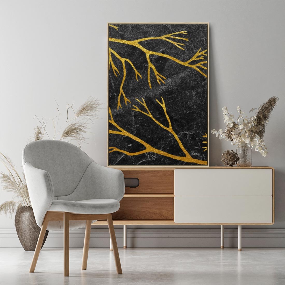 Obraz w ramie 70x100 - Marmurowe Drzewa Snu - złote gałęzie, drzewa - rama drewno
