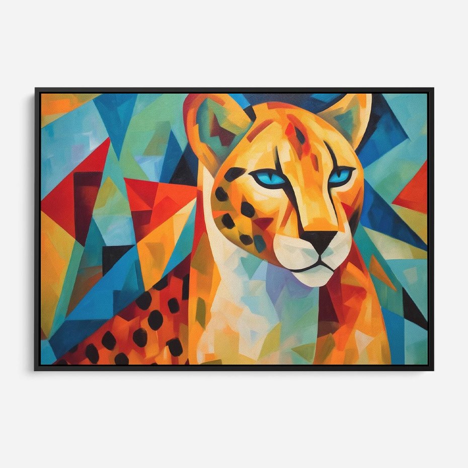 Obraz w ramie 100x70 - Dzikie Piękno - abstrakcyjny portret geparda, intensywne kolory - rama czarna