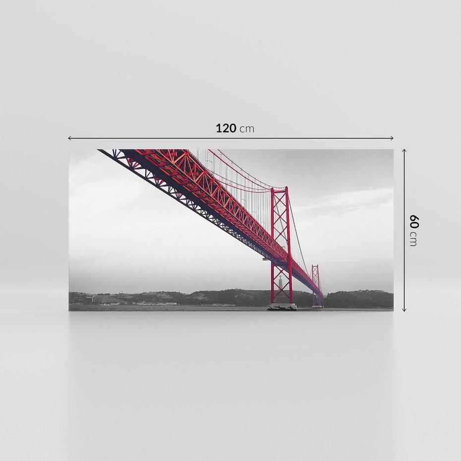 Obraz na płótnie 120x60 - Majestatyczny Most - czarno biała fotografia, czerwony stalowy most nad rzeką