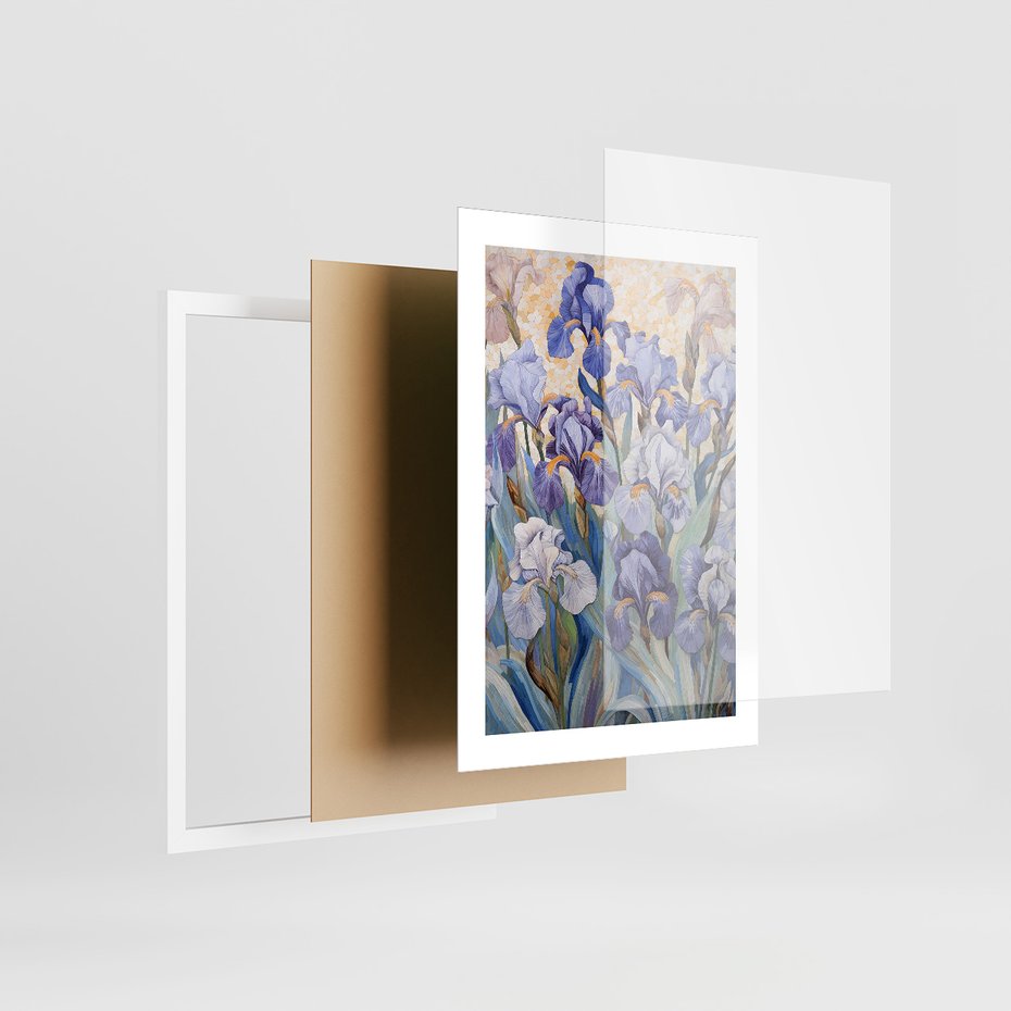 Zestaw obrazy w ramie 50x70 galeria - kwiaty, łąka, akwarela, irys, boho - rama biała