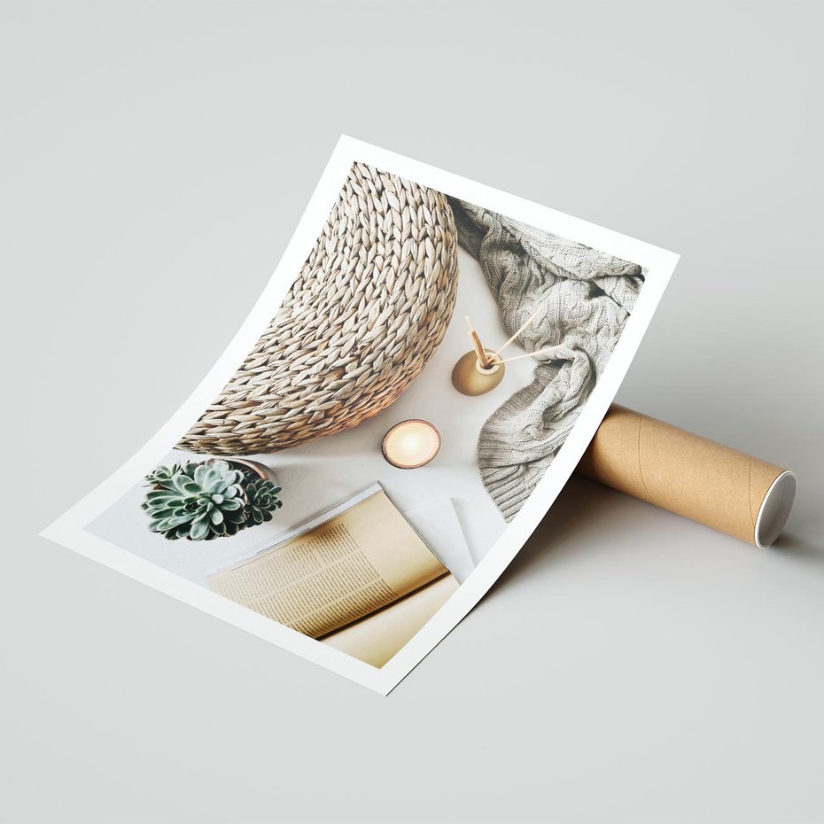 Plakat bez ramy 40x50 - Przytulna Kompozycja Lifestyle - kompozycja lifestyle, wiklina