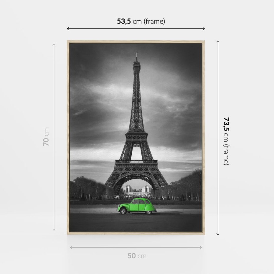 Obraz w ramie 50x70 - Paryskie Romantyczne Spotkanie - Eiffla, samochód - rama drewno