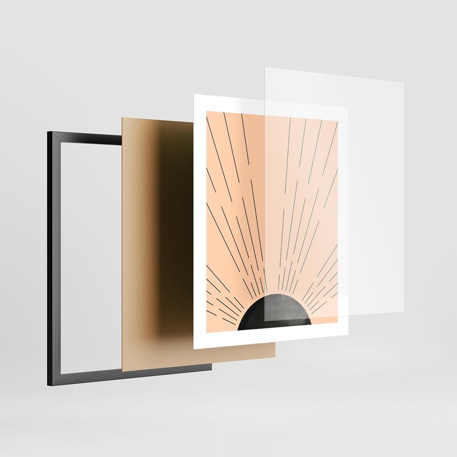 Plakat w ramie 40x50 - Migocące Kształty Promieni - boho czarne słońce, nowoczesna grafika - rama czarna