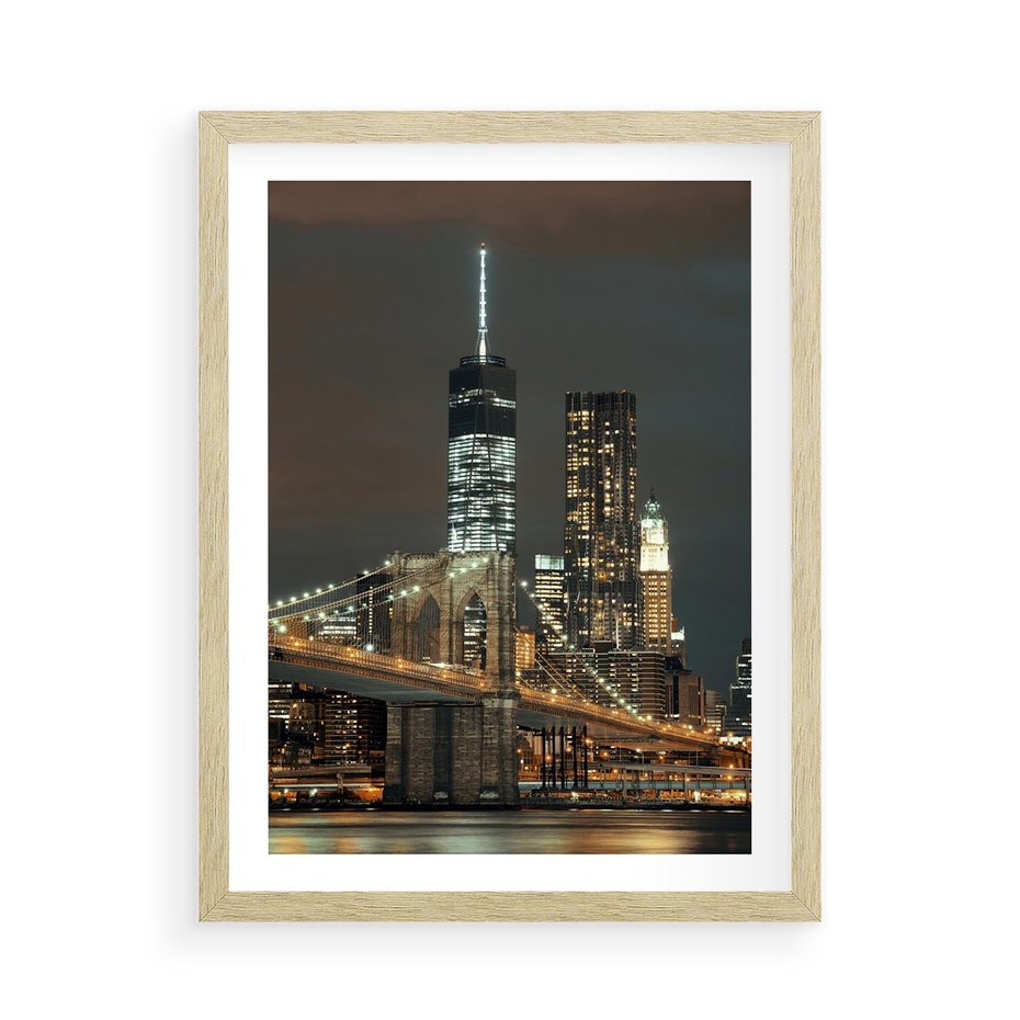 Plakat w ramie 50x70 - Miasto rozświetlone nocnym blaskiem - miasto, nocą - rama drewno