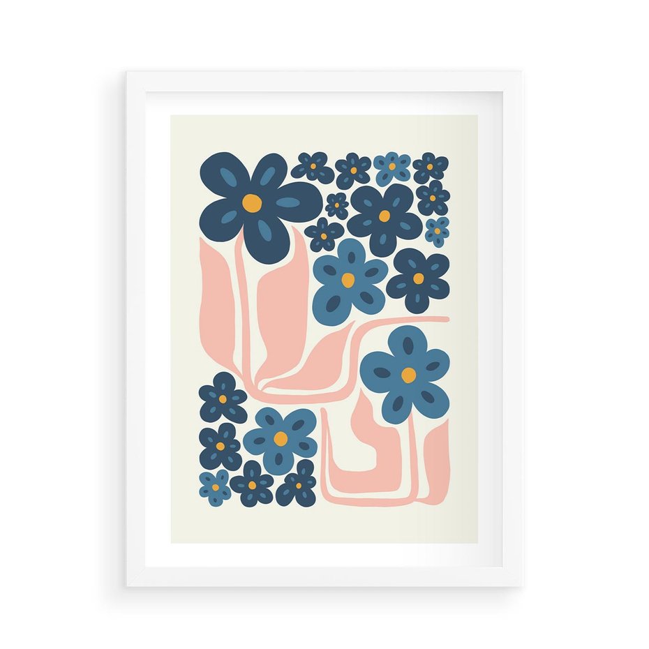 Plakat w ramie 50x70 - Niebieskie Refleksje - niebieskie kwiaty, niezapominajki - rama biała