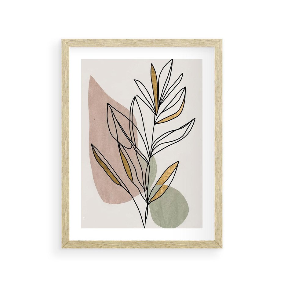 Plakat w ramie 30x40 - Impulsy Subtelnej Harmonii - abstrakcyjny obraz boho, liście - rama drewno
