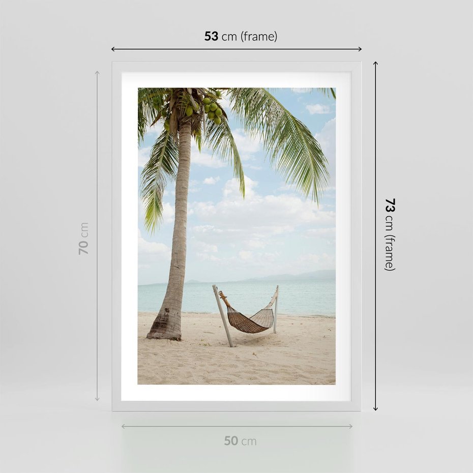 Plakat w ramie 50x70 - Relaks na plaży - palma, hamak - rama biała