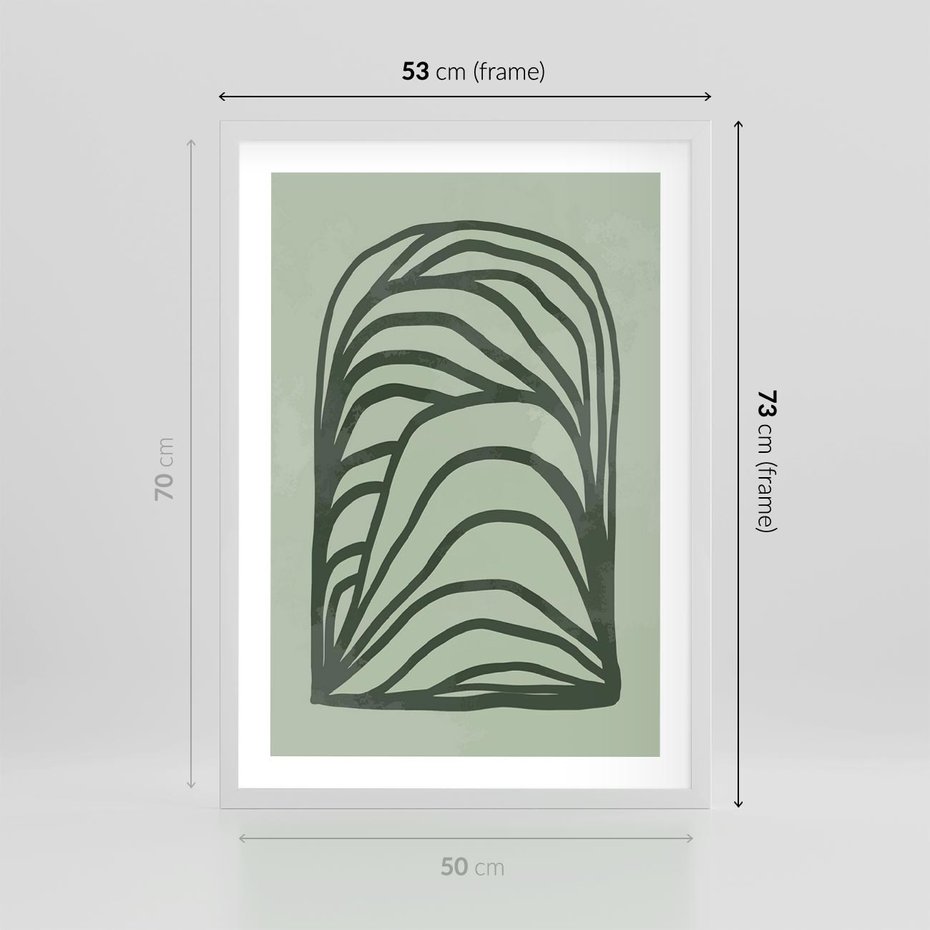 Plakat w ramie 50x70 - Zielonkawy Uścisk Natury - abstrakcyjny zielony motyw, skandynawski design - rama biała