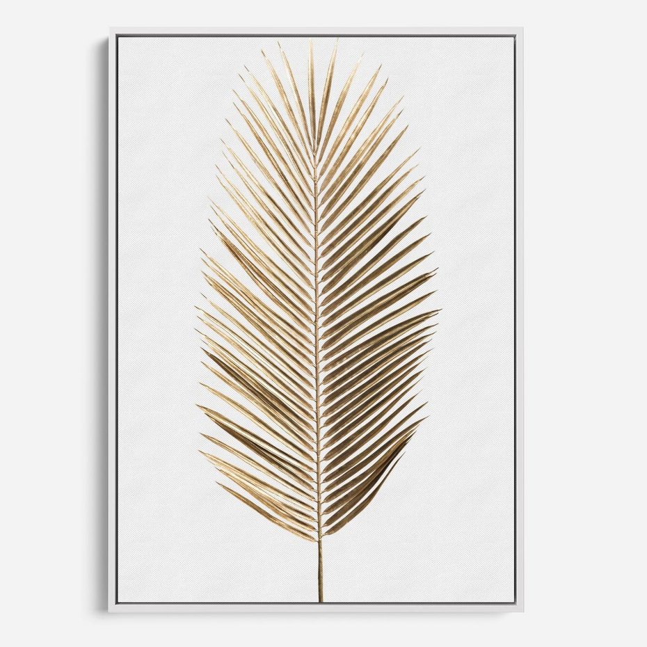 Obraz w ramie 70x100 - Złoty blask palmowego liścia - złota, palma - rama biała