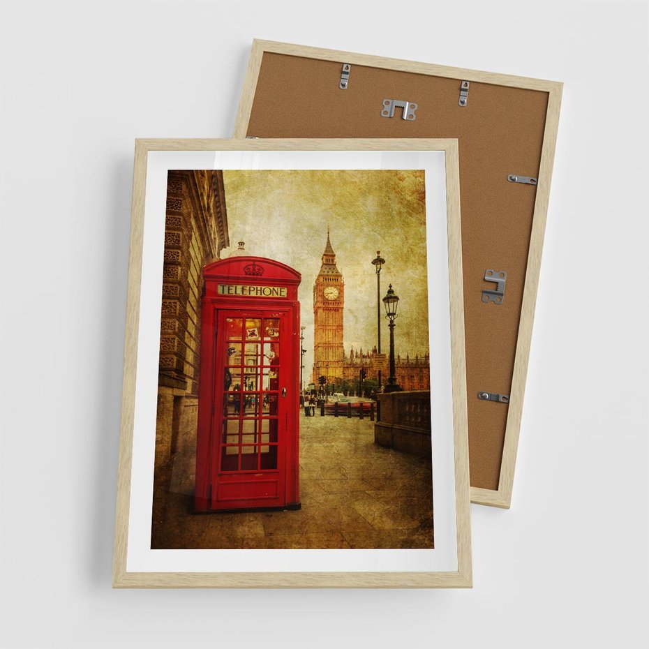 Plakat w ramie 50x70 - Ikoniczna budka telefoniczna w Londynie - sepia, budka - rama drewno
