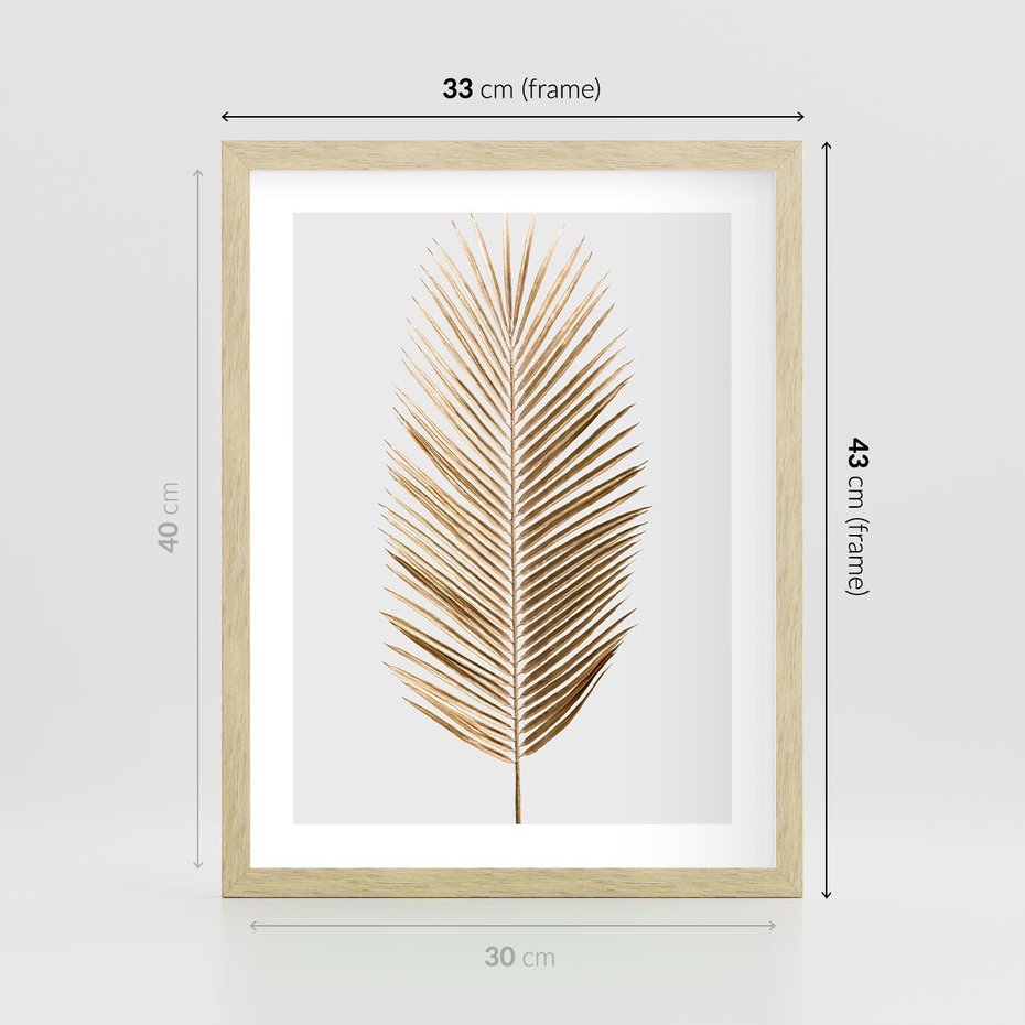 Plakat w ramie 30x40 - Złoty blask palmowego liścia - złota, palma - rama drewno